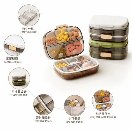 The ten-compartment medicine box is transparent with a golden buckle and comes with multi-color tablets in a combination of white, green, dark and gray The ten-compartment medicine box is transparent with a golden buckle and comes with multi-color tablets in a combination of white, green, dark and gray